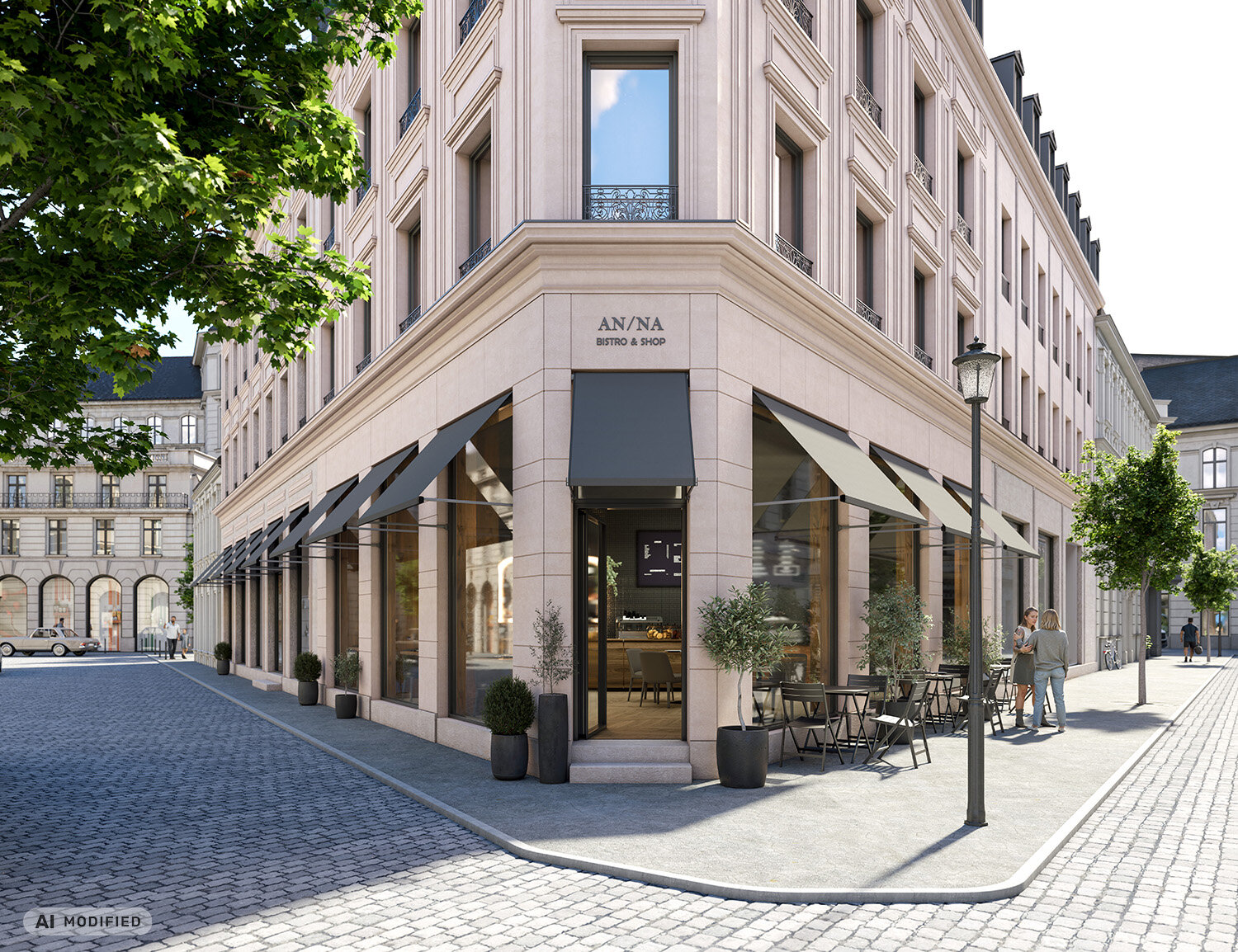 Visualisierung Altbau-Eckhaus mit Geschäftslokal und Markisen